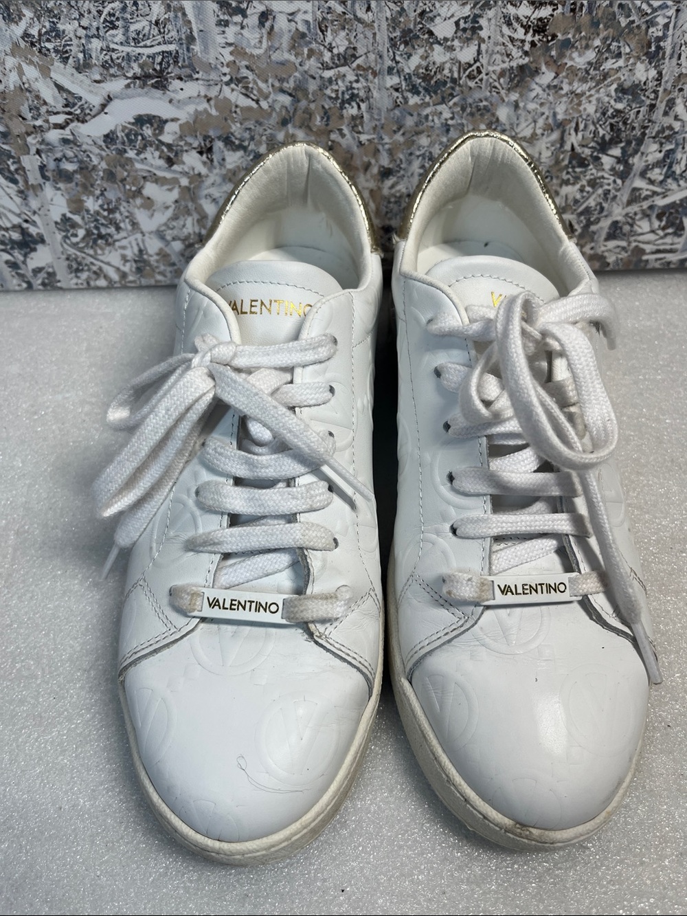 Valentino White Leather Lace-Up Sneakers with Gold Heel Accent
